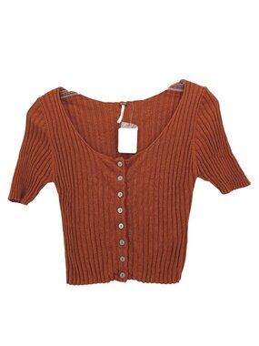 NWT FREE PEOPLE Little Cutie Cardi Knit Top Myrrh Brown Ribbed Stretch LARGE